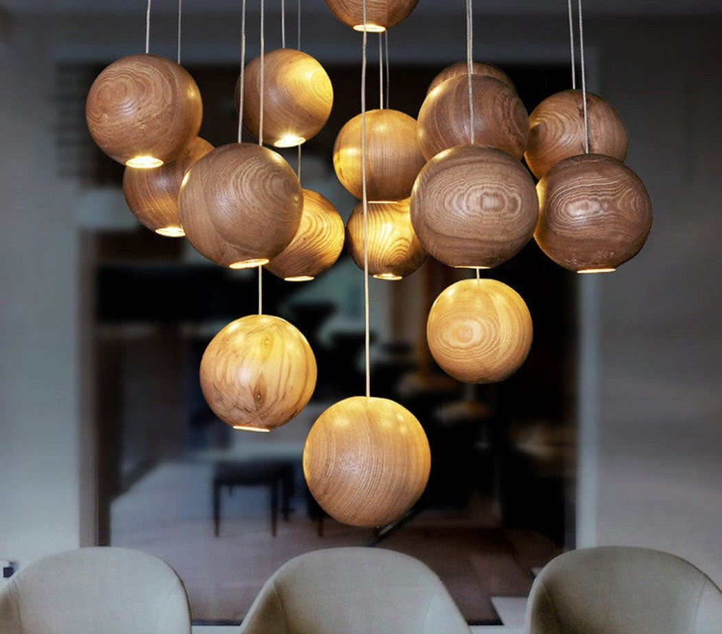 wooden orb Modern Contemporary Chandelier. Cluster Ceiling Light