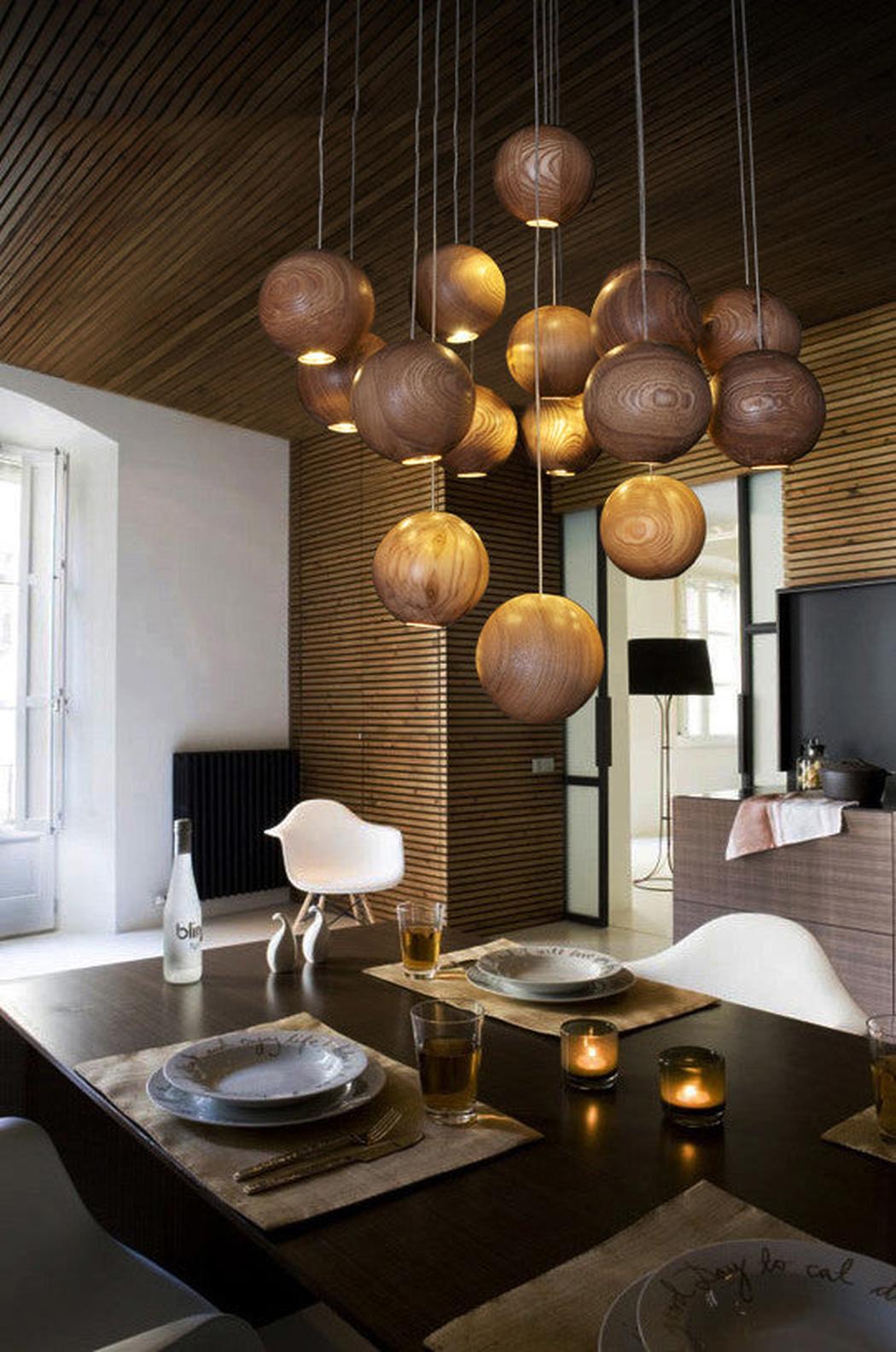 wooden orb Modern Contemporary Chandelier. Cluster Ceiling Light