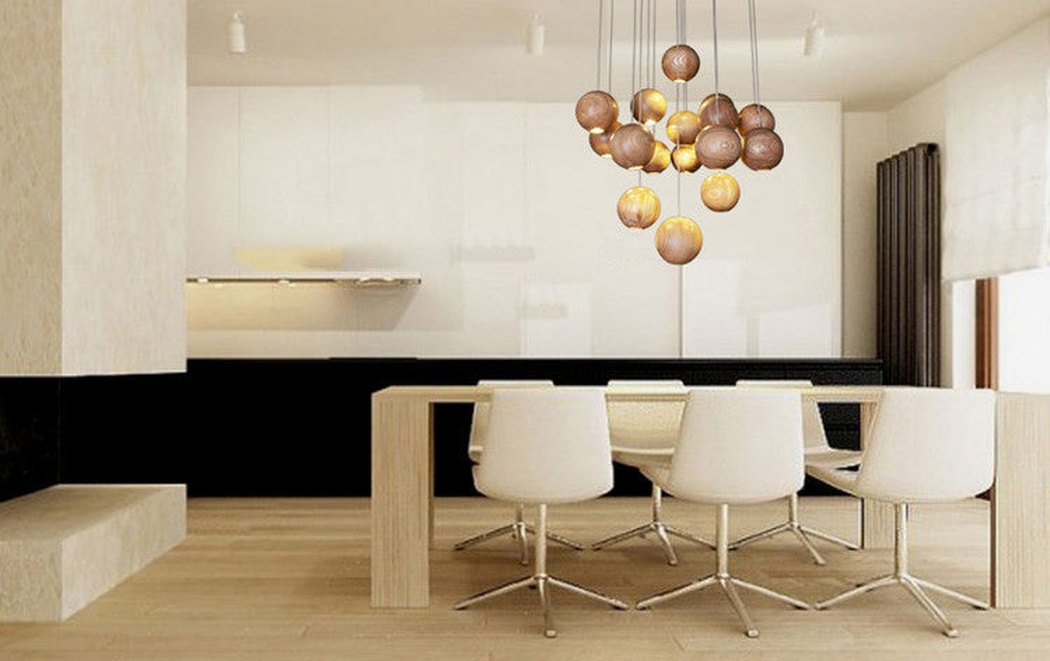 wooden orb Modern Contemporary Chandelier. Cluster Ceiling Light
