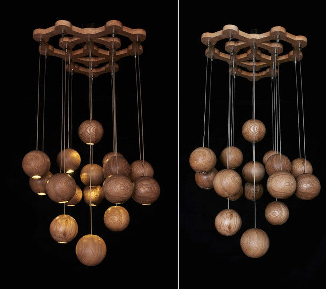 wooden orb Modern Contemporary Chandelier. Cluster Ceiling Light