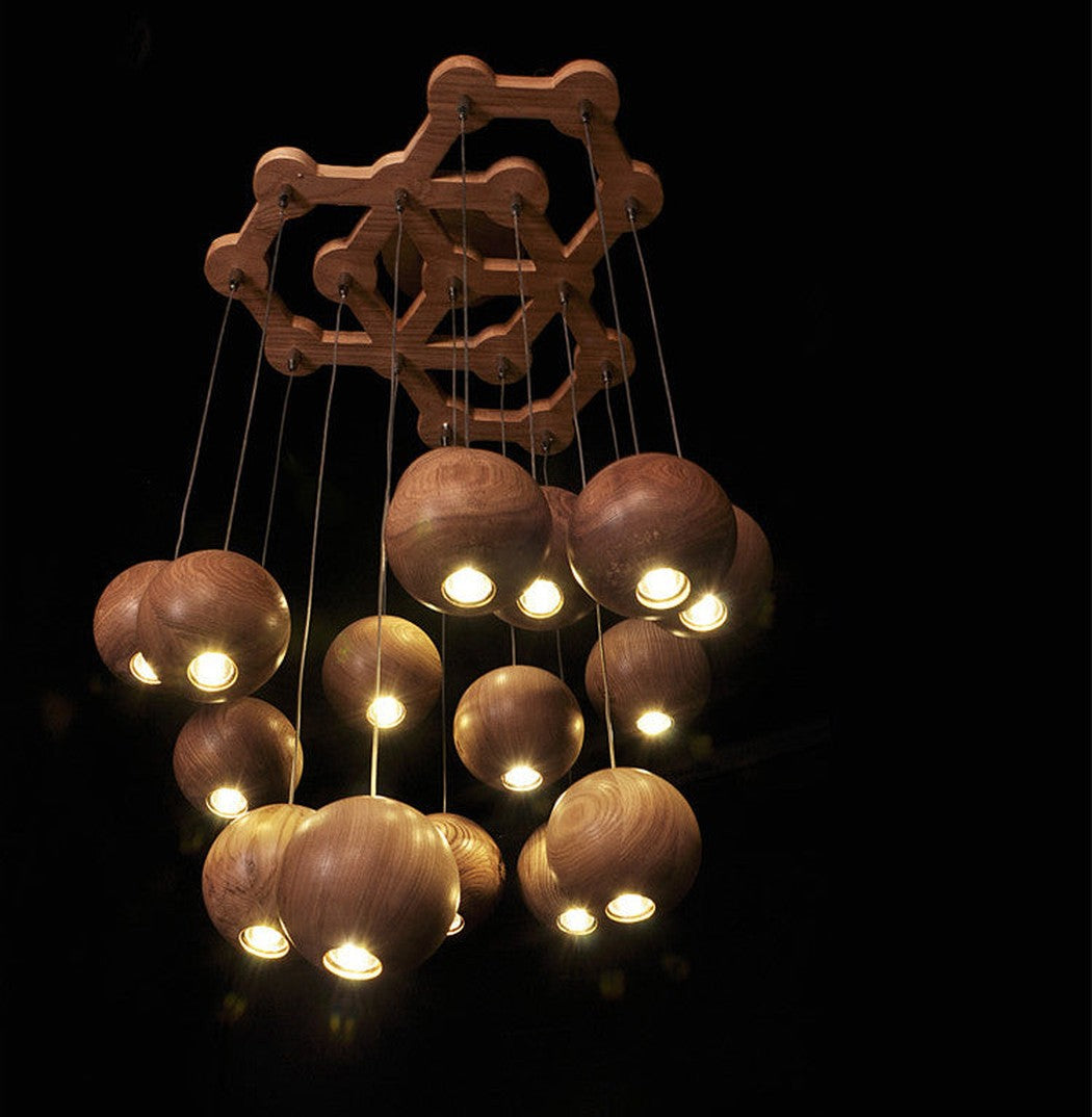 wooden orb Modern Contemporary Chandelier. Cluster Ceiling Light