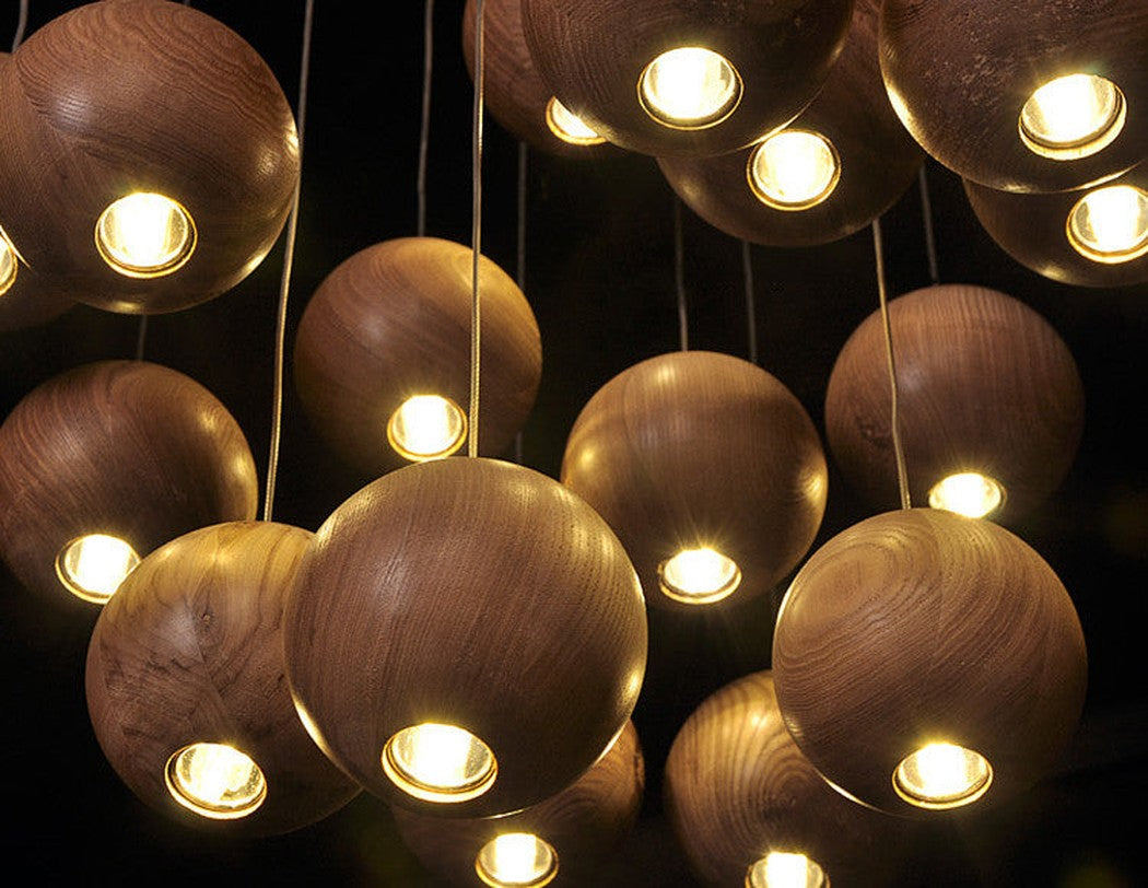 wooden orb Modern Contemporary Chandelier. Cluster Ceiling Light