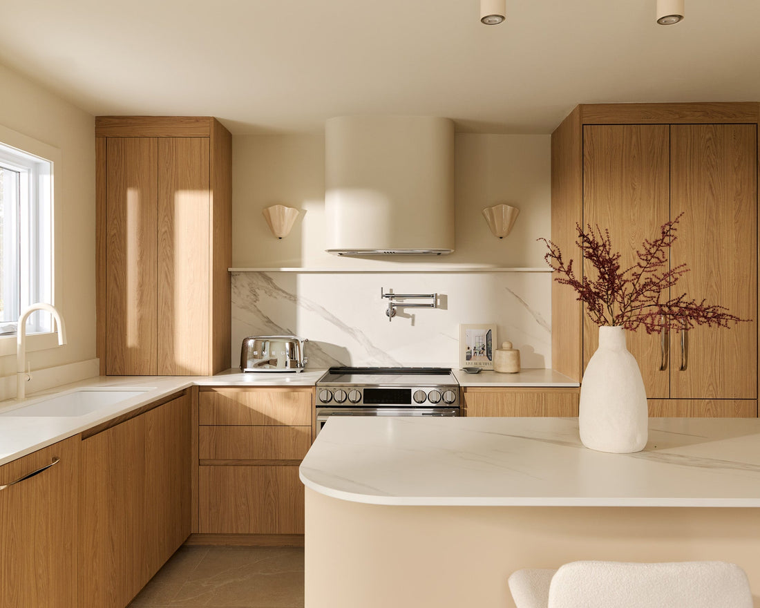A Warm Minimalist Kitchen Designed for Living, Quebec Canada