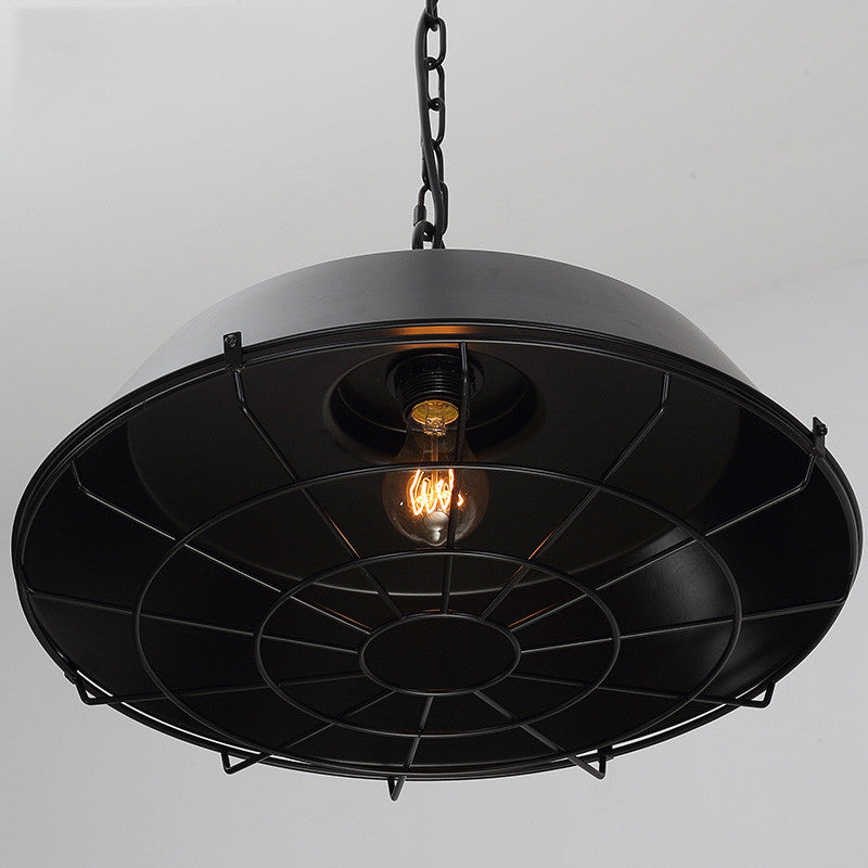 Vintage Industrial Pendant Light With Cage Covering - Black view from below