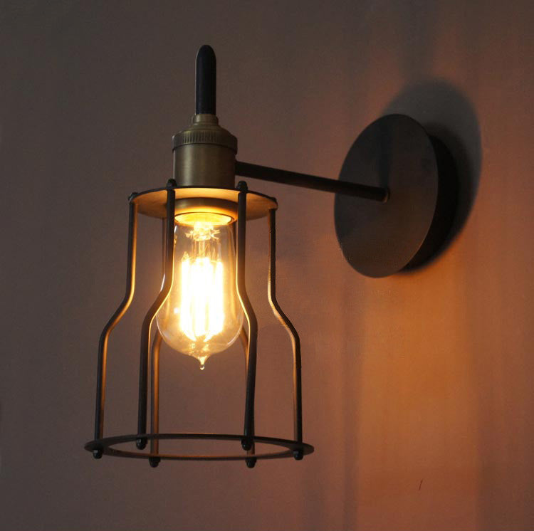 Iron Wire Cage Industrial Brass Fitting Wall Light