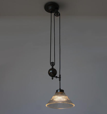 Ribbed Cone Glass Shade Pulley Pendant Light