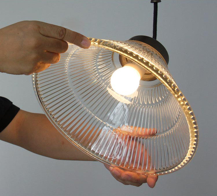 Ribbed Cone Glass Shade Pulley Light