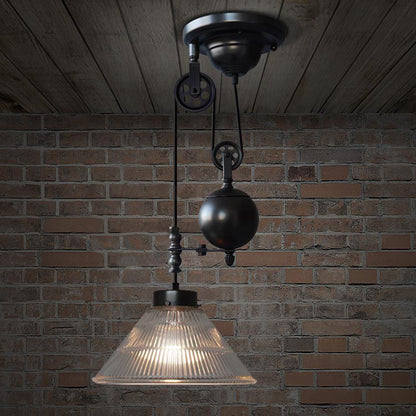 Ribbed Cone Glass Shade Pulley Lamp