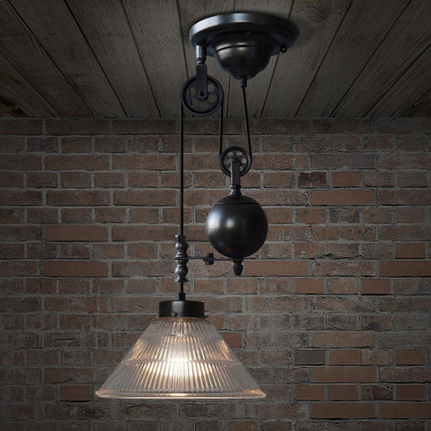 Bennet Ribbed Glass Shade Pulley Industrial Pendant Light