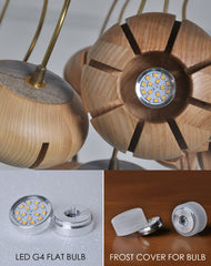 Wooden flower petal strip on copper wire pendant light led light bulb