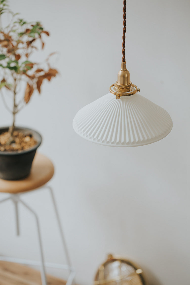 Eden Fluted White Shade With Brass Fitting midcentury Pendant Light