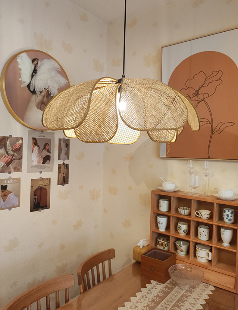 Cefalu Rattan Petals Floral Pendant Light installed in cottage style all wooden dining room