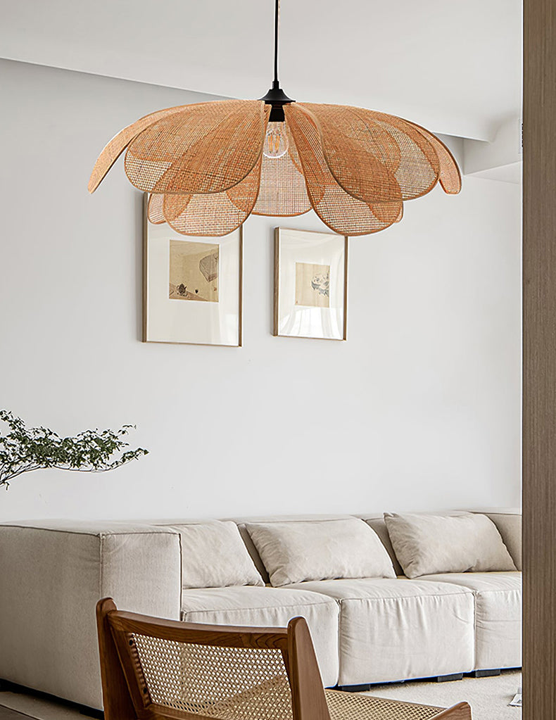 Cefalu Rattan Petals Floral Pendant Light installed in modern lounge room giving a bohemian feel