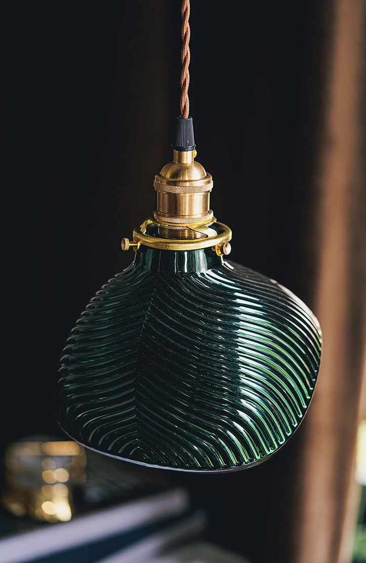 Emerald Green Fluted Shell Glass Art Deco Pendant Light