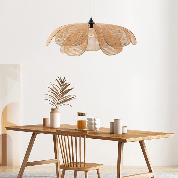 Cefalu Rattan Petals Pendant Light installed on japandi style all wooden dining room