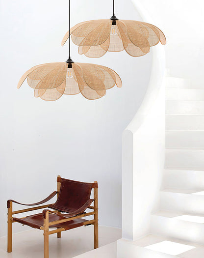 Cefalu Rattan Petals Floral Pendant Light installed in minimalist staircase