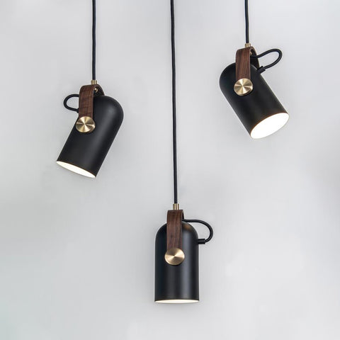 Black Spotlight Minimalist Line Wooden Brass Detail Pendant Light