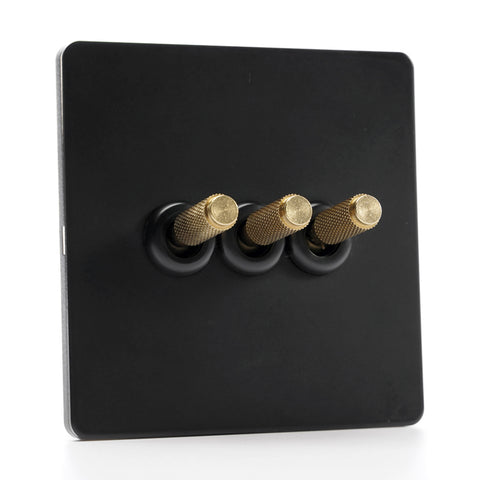 Paddington Knurled 3 gang Tri flip light switch - in black and brass
