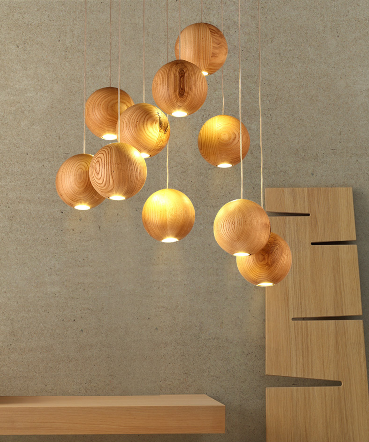 wooden orb Modern Contemporary Chandelier. Cluster Ceiling Light