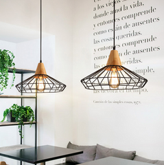 Sangkar Metal Cage Pendant Light With Wood Base model A