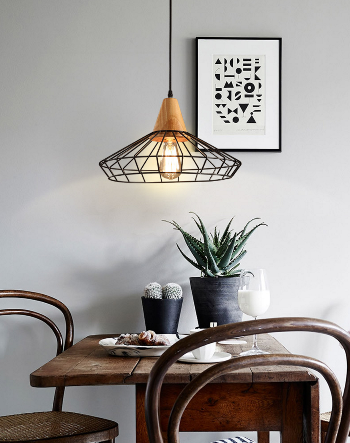 Sangkar Metal Cage Pendant Light With Wood Base model A dining room