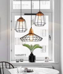 Sangkar Metal Cage Pendant Light With Wood Base model B dining room