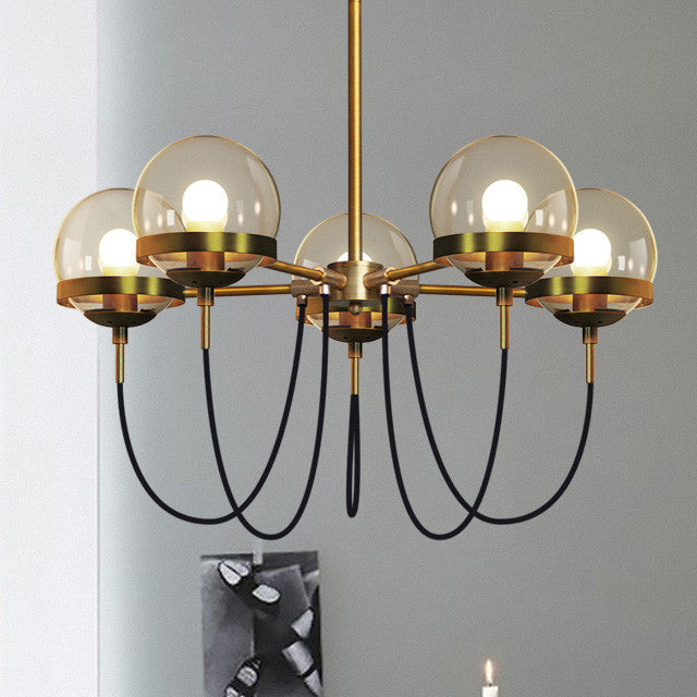 Dexter Glass Orb Brass 5 Bulb Art Deco Mid Century Pendant Light