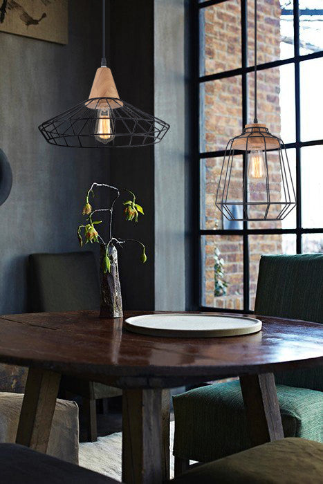 Sangkar Metal Cage Pendant Light With Wood Base Dining room