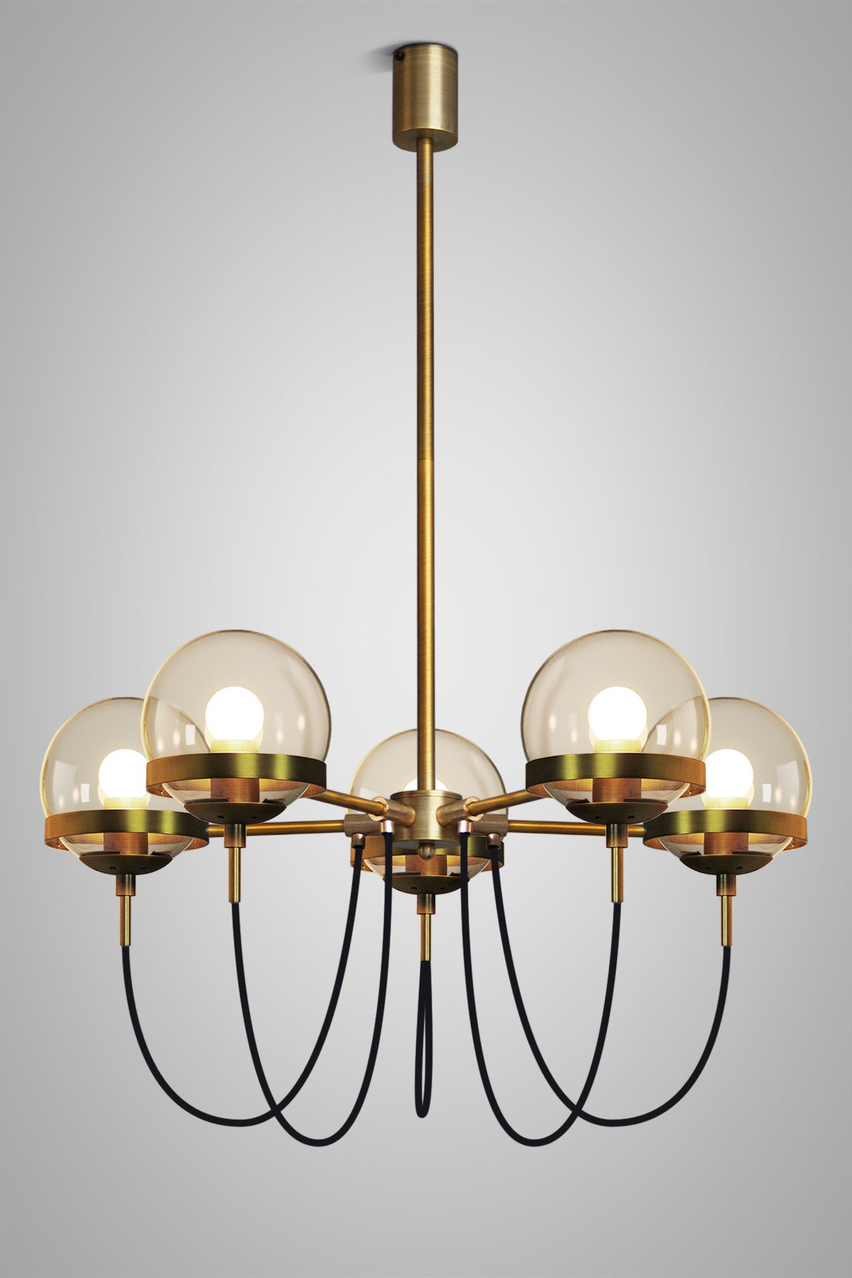 Dexter Glass Orb Brass 5 Bulb Art Deco Mid Century Pendant Light