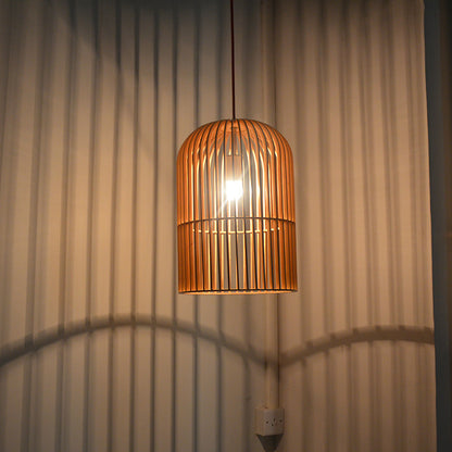 Wooden bird cage pendant light