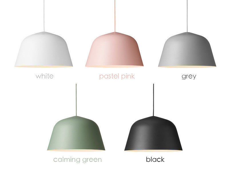 Ambit pendant light colour options: white, pink, grey, green and black
