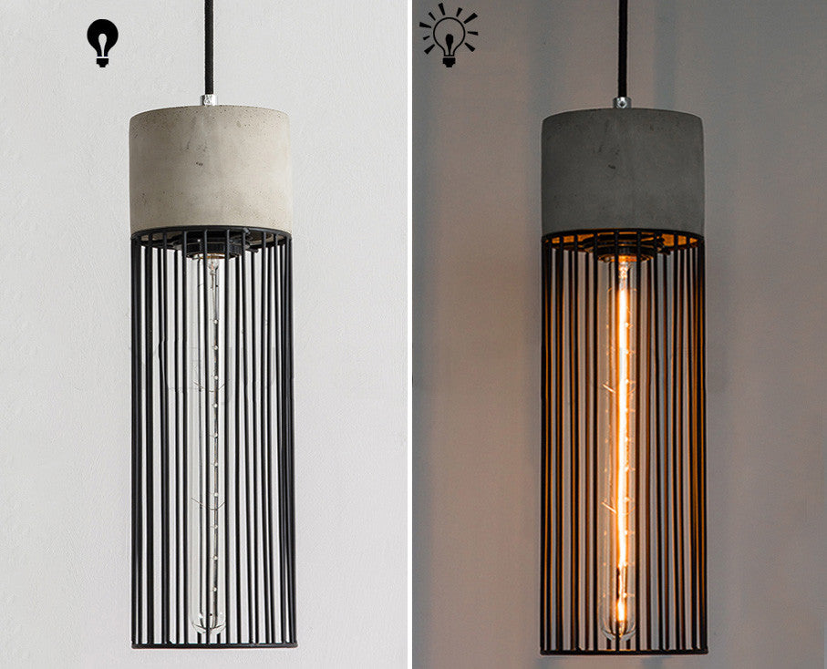 Long pencil concrete steel cage pendant light on and off
