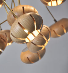 Wooden flower petal strip on copper wire pendant light close up light wood