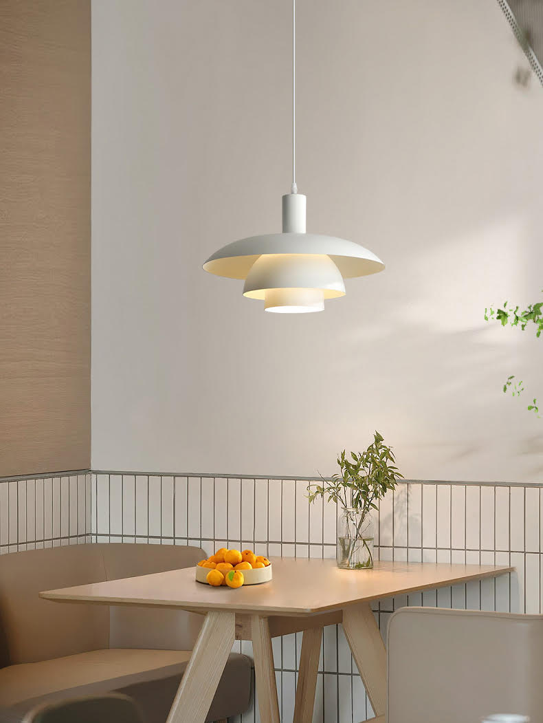 Otago white mid century modern pendant light in cafe corner setting
