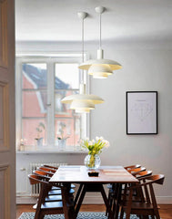 Otago white mid century modern pendant light in communal long table dining room setting
