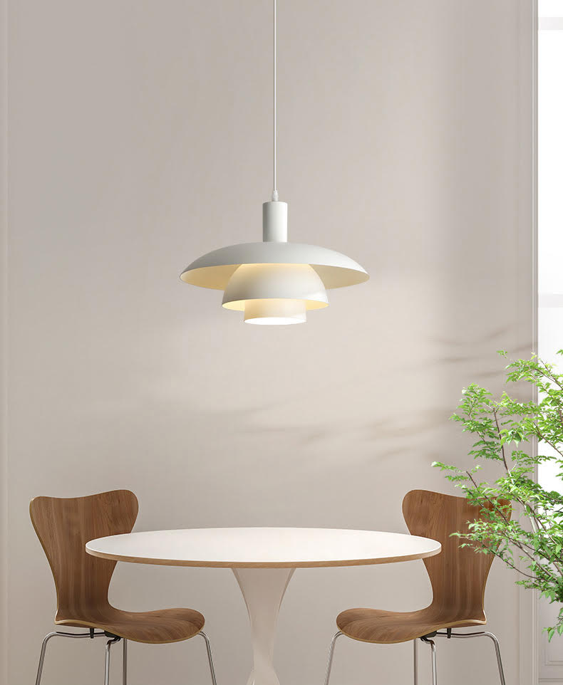 Otago white mid century modern pendant light in round table setting
