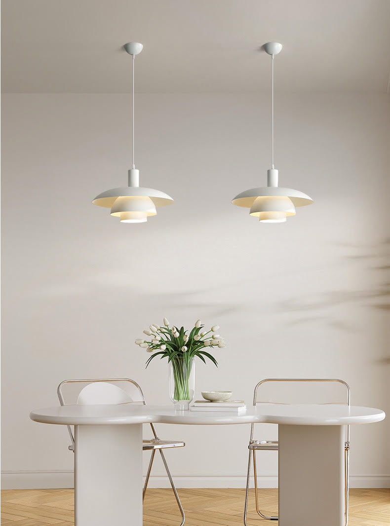 Otago white mid century modern pendant light in stylish modern dining room 