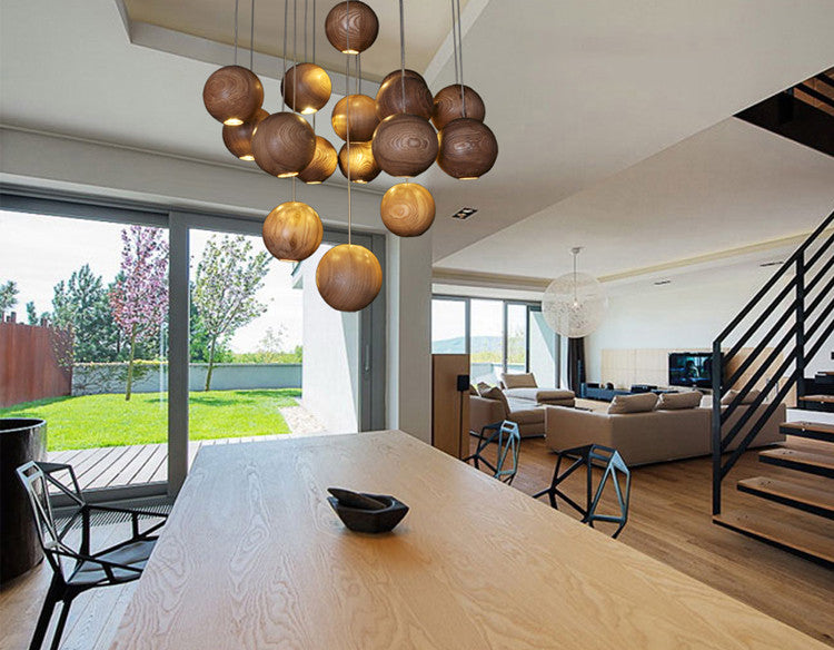wooden orb Modern Contemporary Chandelier. Cluster Ceiling Light